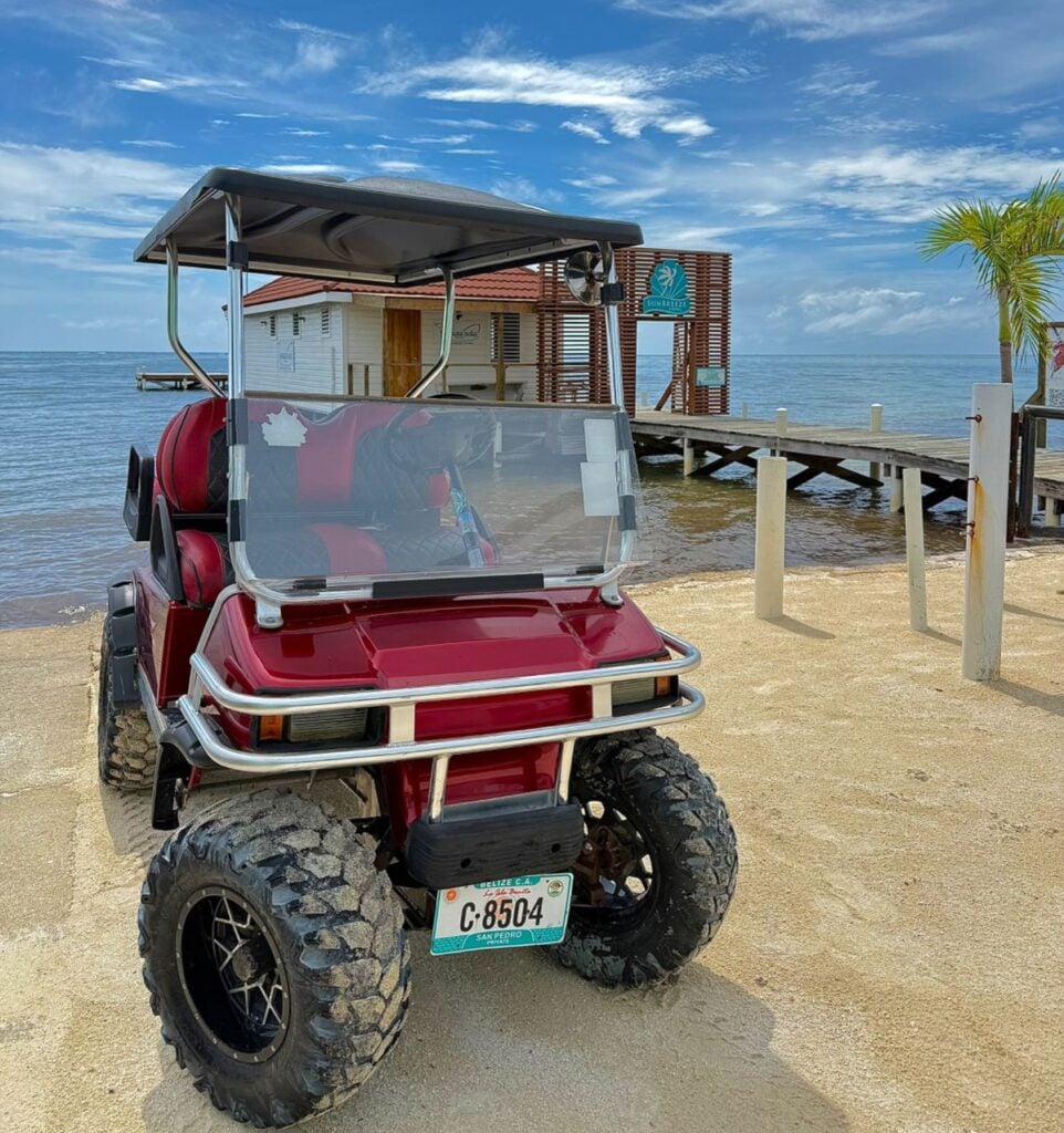 Premium golf cart available for booking in San Pedro, Belize with Isla Pearl Rentals